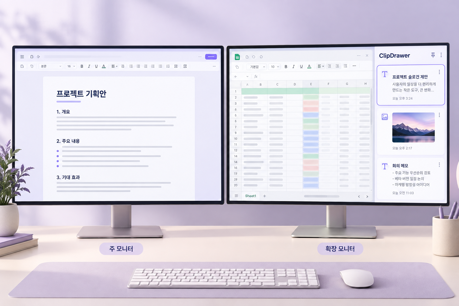 주 모니터에서 문서를 작성하고, 오른쪽 확장 모니터의 화면 가장자리에 ClipDrawer 서랍을 붙여 사용하는 듀얼 모니터 예시